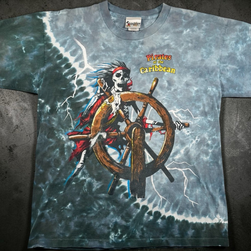 Vintage 90s Disney Pirates Caribbean T Shirt Large Tie Dye Double Sided USA AOP